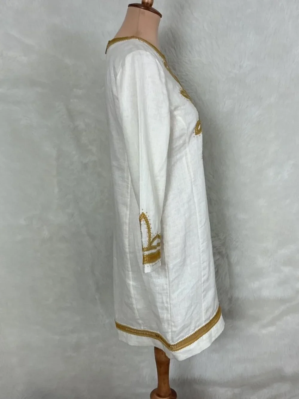 Tory Burch Ivory Yellow Gold Embroidered Linen Caftan Mini Dress Tunic 6